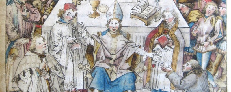 Rektoratsmatrikel, Gr&uuml;ndungsszene (Ausschnitt), UB Basel Mscr_AN_II_3 (1460)